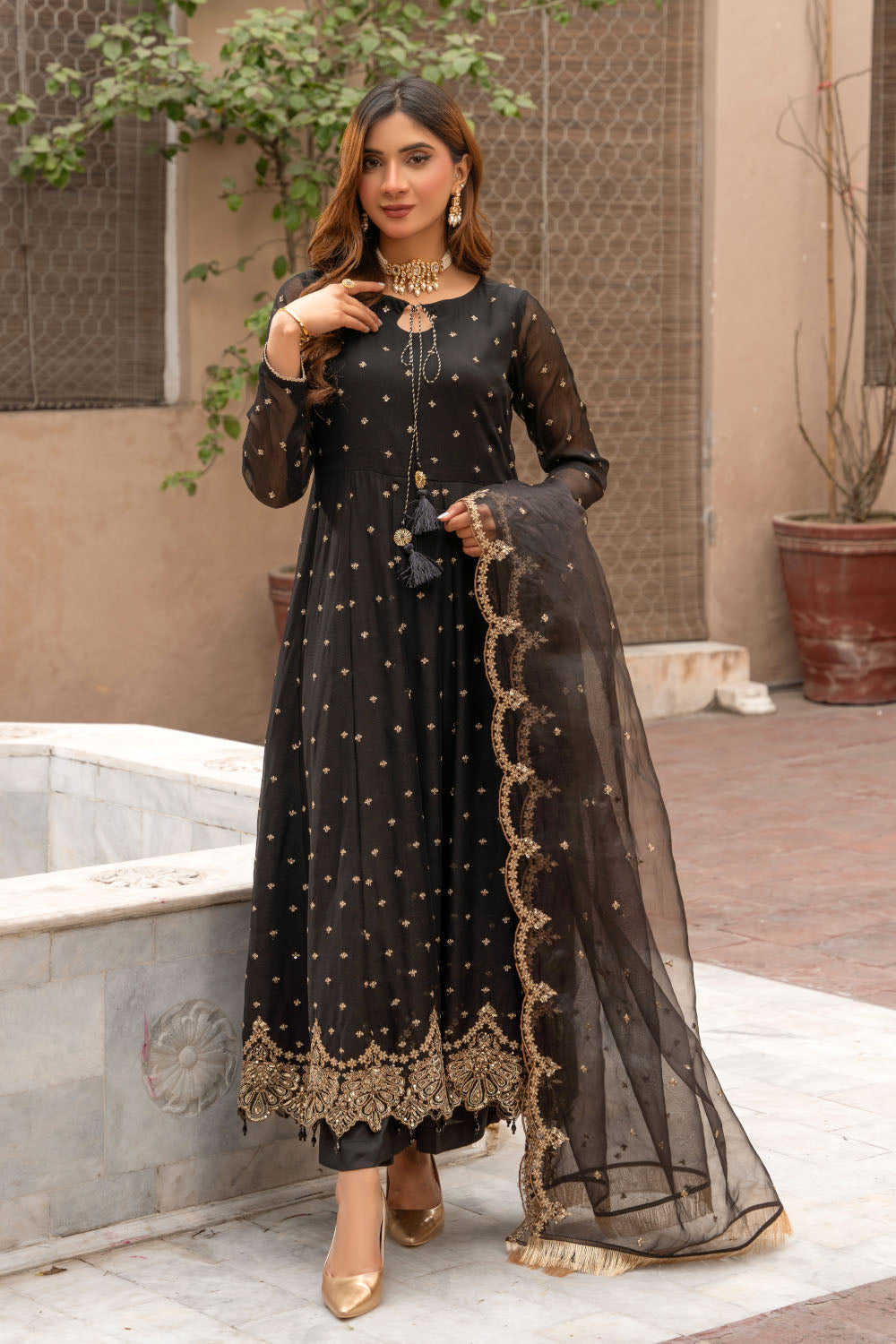 Embroidered Chiffon Frock Suit-7064