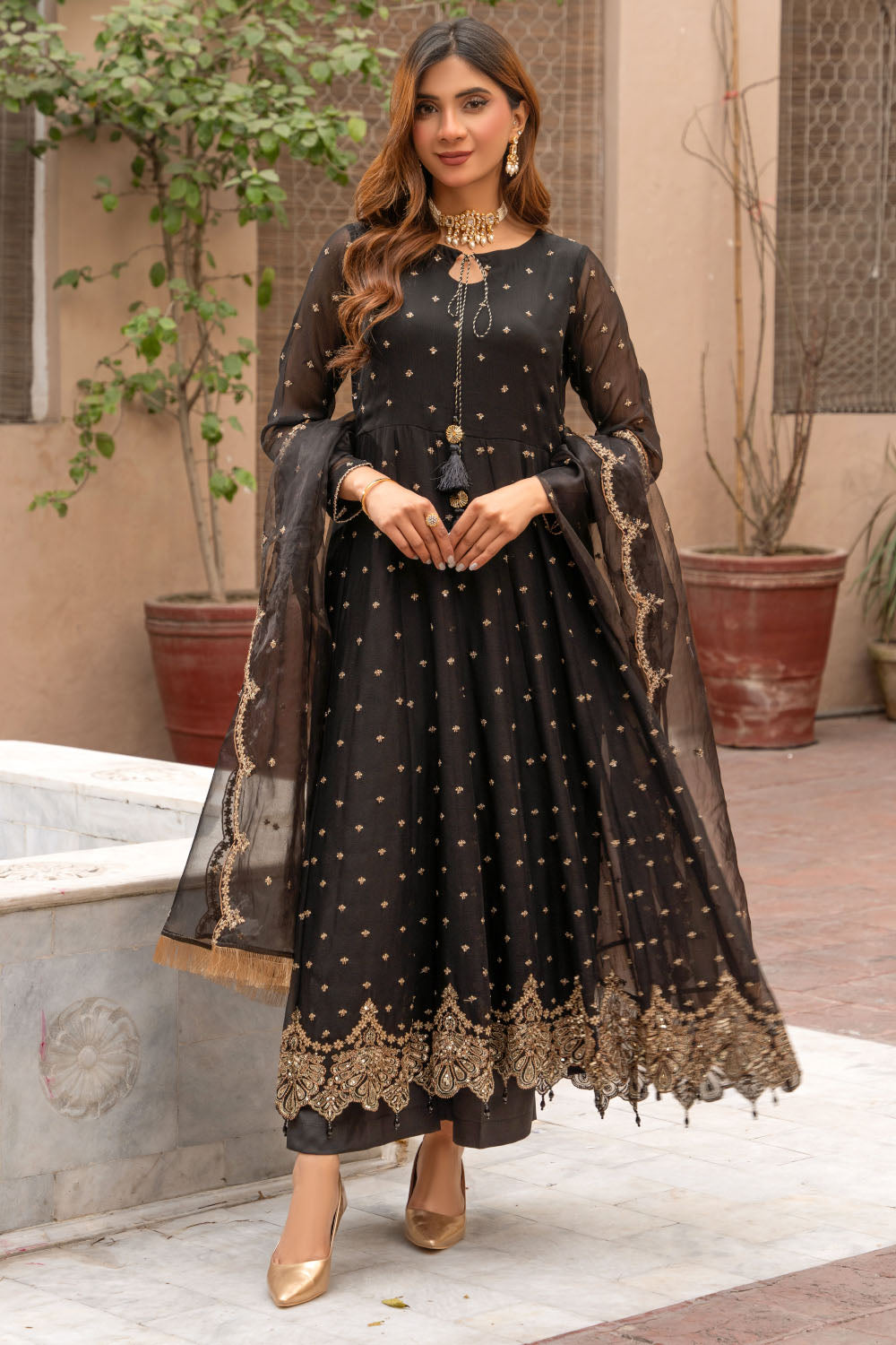 Embroidered Chiffon Frock Suit-7064